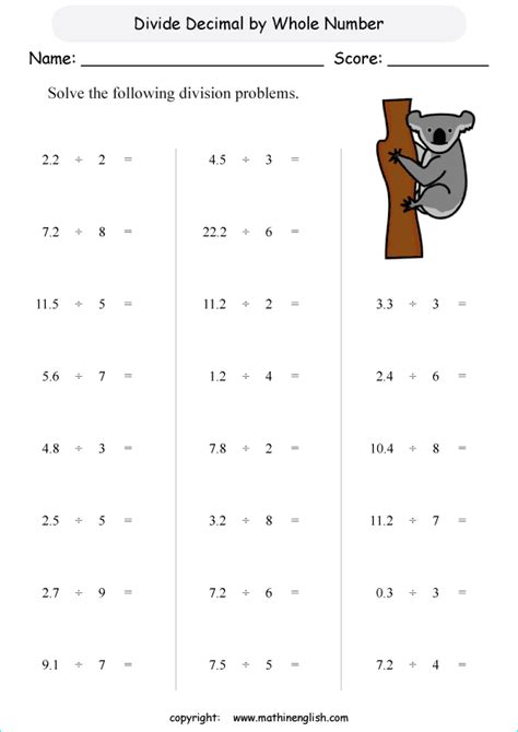 Decimals Divided By Whole Numbers Worksheet