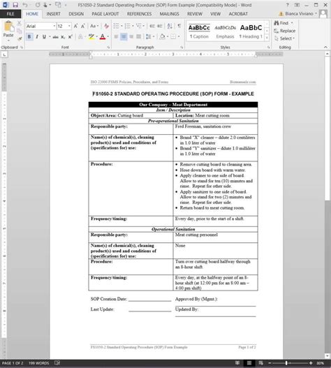 Safety Standard Operating Procedure Template Blank Standard Operating