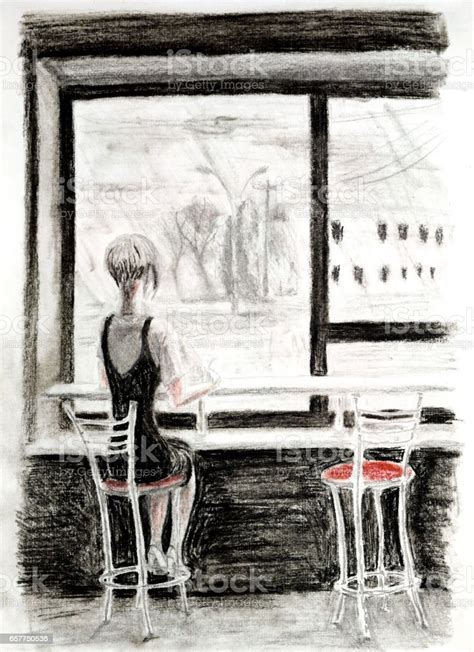 The Girl Sitting On A Chair At A Bar Counter Near A Window Stock