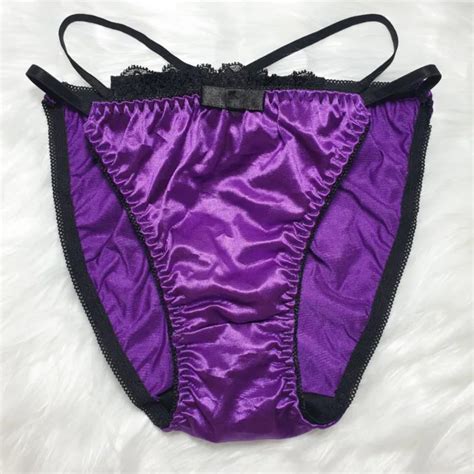 Vintage Glossy Satin Panties Purple Black Lace Double Layer Bikini Size