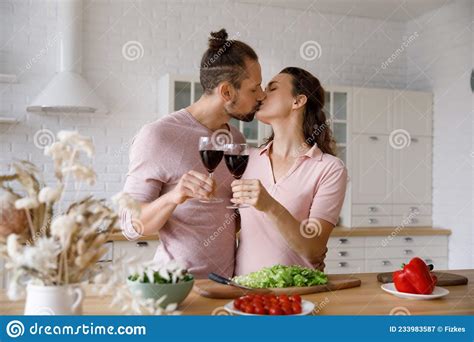 Happy Loving Couple Kissing Spending Romantic Time At Home Stock Image Image Of Festive