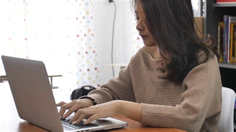 Slow Motion Of Asian Girl Typing On Laptop Computer Cute Thailand