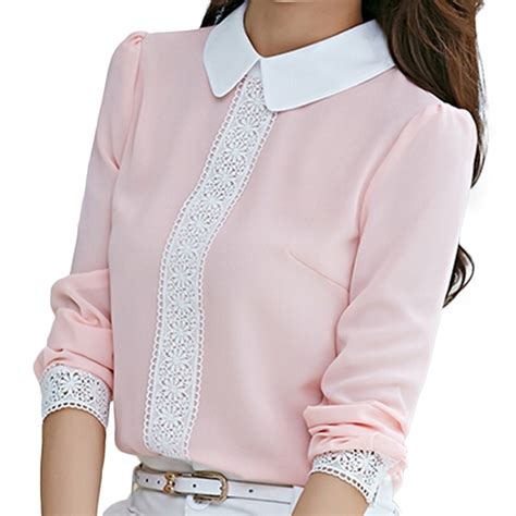 Pink Chiffon Peter Pan Collar Sweet Women Blouses Long Sleeve Lace