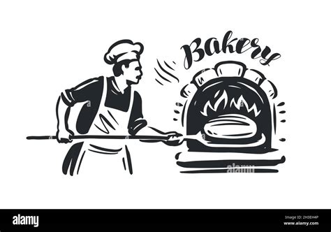 Baker In Uniform Taking Out Bread From The Oven Bakery Vector