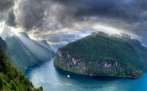 Nature Landscape Geiranger Fjord Norway Sun Rays Mountain Clouds