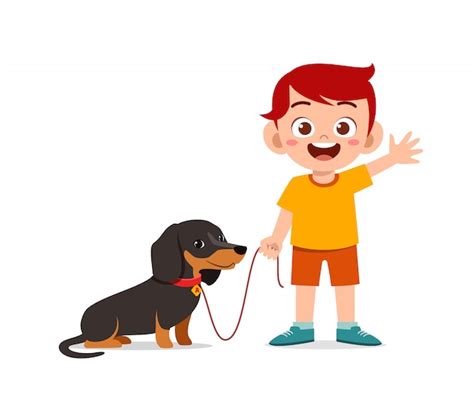 Feliz Lindo Niño Niño Niña Jugar Con Perro Mascota Vector Premium