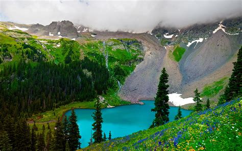 Spring Mountain Landscape The Turquoise Lake Mountain Forest Flowers Clouds