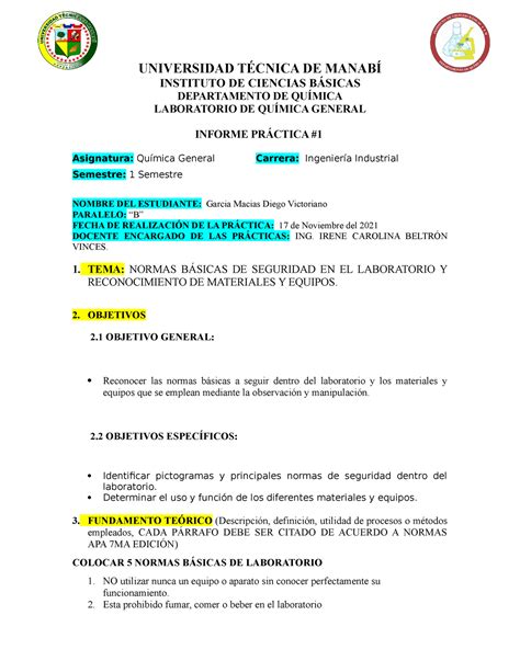 Formato Informe Práctica 1 De Laboratorio De Quimica Universidad