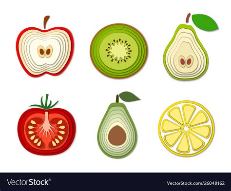Set Paper Cut Fruits And Vegetables Cut Shapes Vector Image