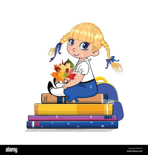 Niña De La Escuela De Dibujos Animados En Uniforme Sentado En Libros