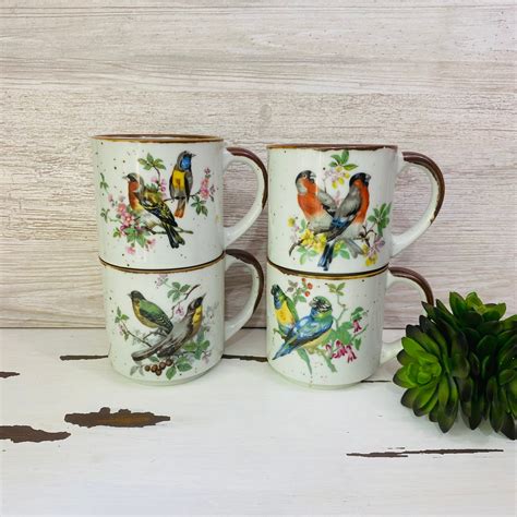 Set Of Vintage Bird Coffee Mugs Cups Speckled Stoneware Etsy