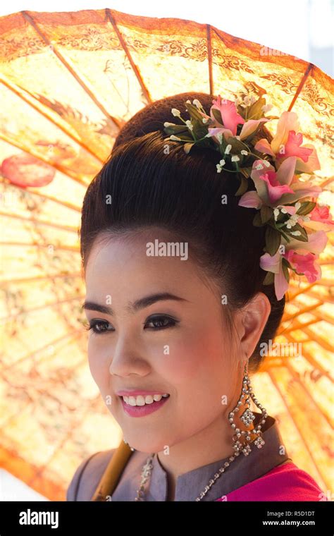 Thailand Chiang Mai Chiang Mai Flower Festival Beauty Queen In Traditional Thai Costume Stock