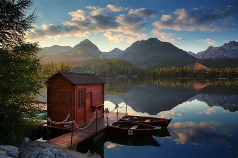 Landscape Sunset Mountains Nature Lake Boats Pier House Forest