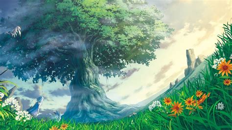 Green Leafed Tree Animated Illustration Artwork Fantasy Art Trees Nature Hd Wallpaper