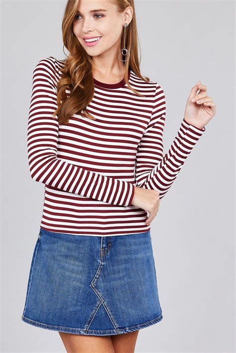 Ladies Fashion Long Sleeve Crew Neck Striped Dty Brushed Top Fashion