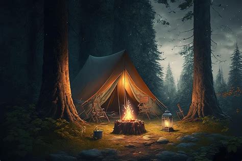 Premium Photo Camping At Night In The Forest With Camp Fire