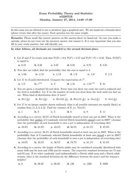 Exam Probability Theory And Statistics January 27 2014 Questions And