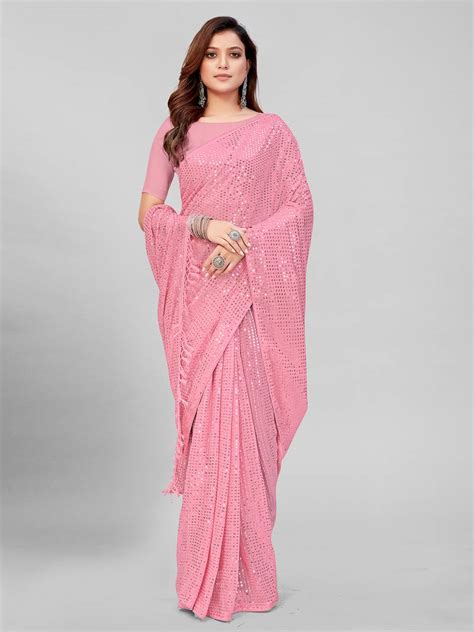 Peach Pink Coloured Sequined Embroidered Georgette Saree With Blouse
