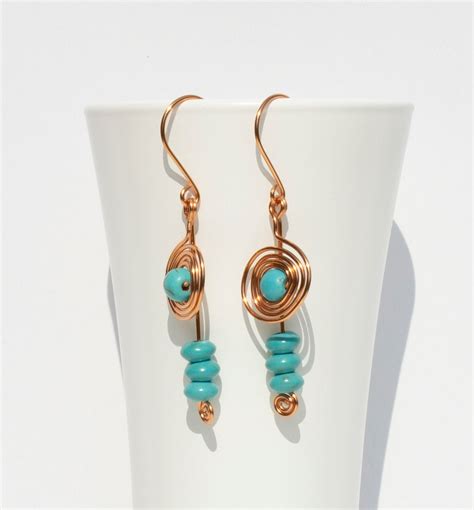 Boho Copper Spiral Earrings Turquoise Magnesite Beads Pure Etsy