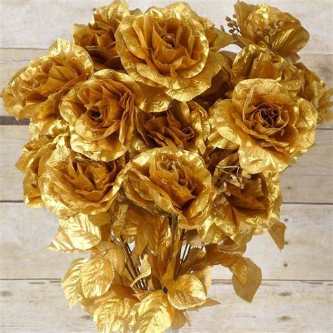 96 Artificial Gold Giant Silk Open Roses Wedding Bridal Bouquet