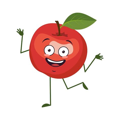 Premium Vector Cute Apple Character Cheerful With Emotions Dancing Arms And Legs The Funny
