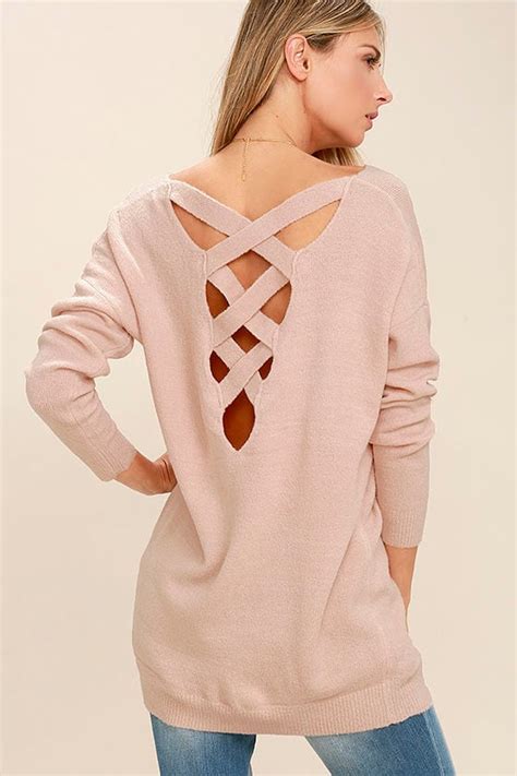 Cute Blush Pink Sweater Backless Sweater Lace Up Sweater 4500