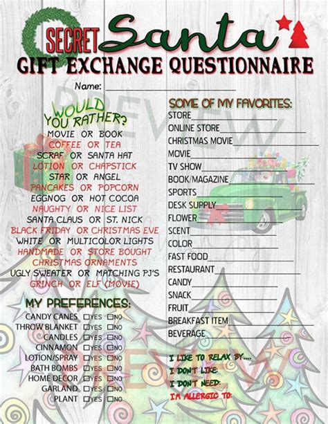 Printable Pdf Secret Santa T Exchange Questionnaire Work Etsy Work