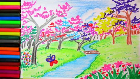 How To Draw Spring Scene And Colorful Blossom Landscape Scenery