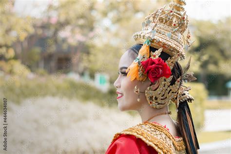 beautiful thai girl in traditional dress red dancer costume identity culture of thailand close