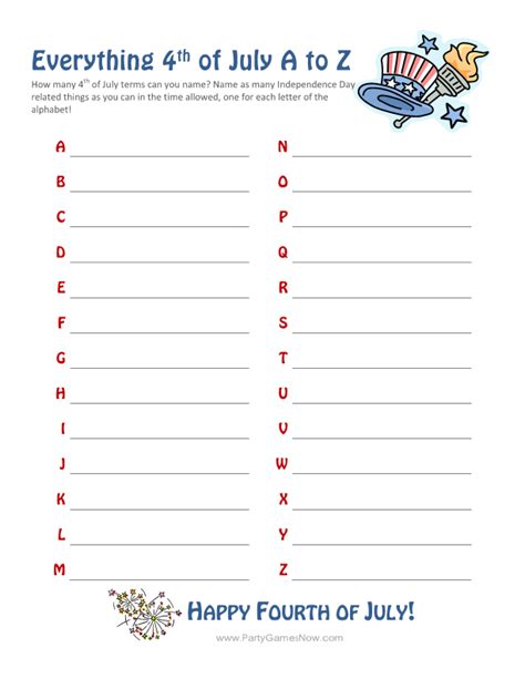 Our online fourth of july trivia quizzes can be adapted to suit your requirements for taking some of the top fourth of july quizzes. "Everything 4th of July A-Z" Game - Printable 4th of July Games