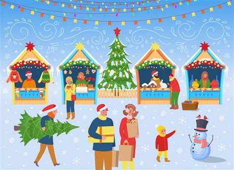 Premium Vector Christmas Market With People A Christmas Tree