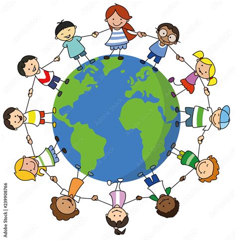 Happy Kids Holding Hands On World Illustration Children Around The