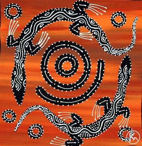 An Orange Painting With Black And White Designs On The Bottom