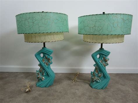 Pair Of Turquoise Mid Century Lamps Retro Two Tier Blue Green