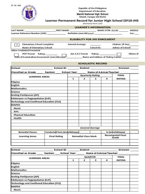 School Form 10 Sf10 Learners Permanent Academic Record For Junior High