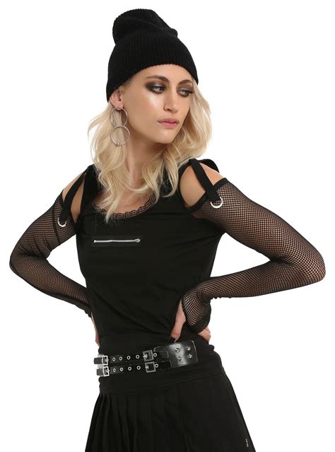 Edgy Black Top From Tripp With Black Fishnet Sleeves A Fishnet Trim