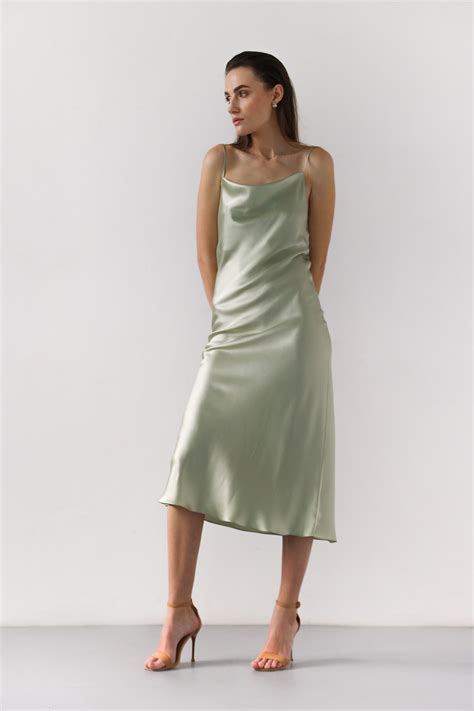 Silk Slip Dress Sage Green Dress Midi Bias Cut Cowl Neck Etsy