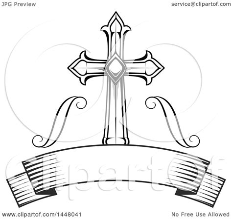 Clipart Of A Beautiful Black And White Easter Cross Over A Blank Ribbon