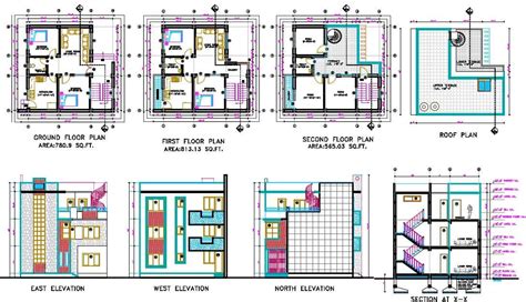 2 Bhk House 3 Storey Floor Plan With Building Sectional Elevation