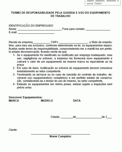 Modelo De Termo De Responsabilidade Pela Guarda E Uso Dos Equipamentos