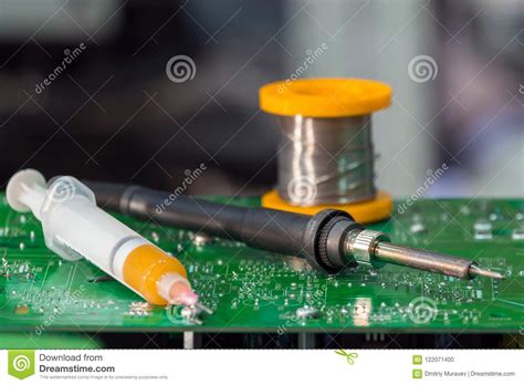 Tool And Accessories For Soldering Of Electronic Boards Stock Photo