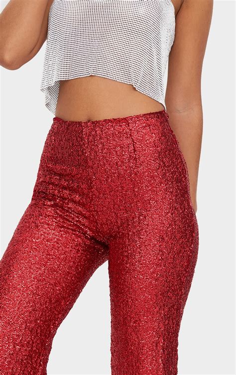 Dark Red Sequin Wide Leg Pants Prettylittlething Il