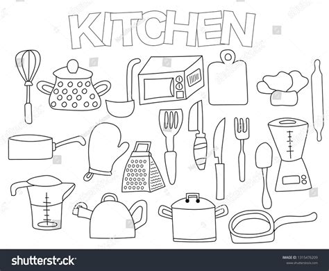 Kitchen Utensils Set Of Icons And Objects Hand Drawn Doodle Cooking