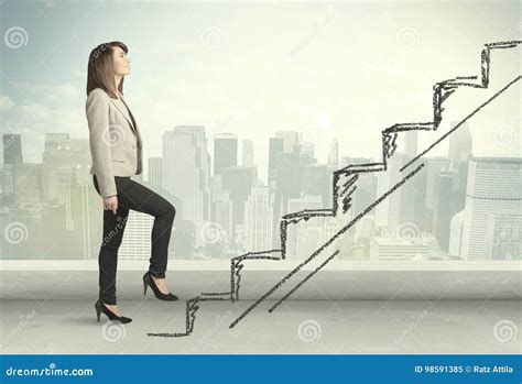 Business Woman Climbing Up On Hand Drawn Staircase Concept Stock Image