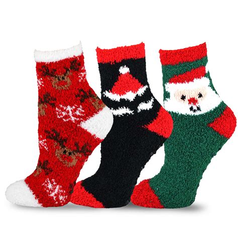 Teehee Christmas Holiday Cozy Fuzzy Crew Socks 3 Pack For Women Santa