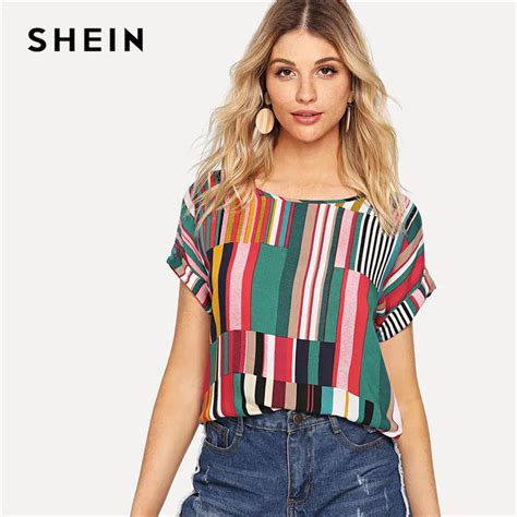 Aliexpress Com Buy SHEIN Multicolor Mix Striped Print Rolled Up Tshirt Casual Loose Scoop Neck