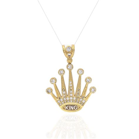 Bezel Set Created Diamond King Crown Pendant 10k Yellow Gold 14″ Wjd