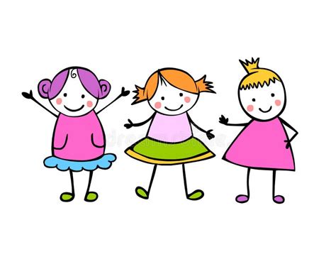 Three Girls Friends People In The Children`s Style Stock Vector