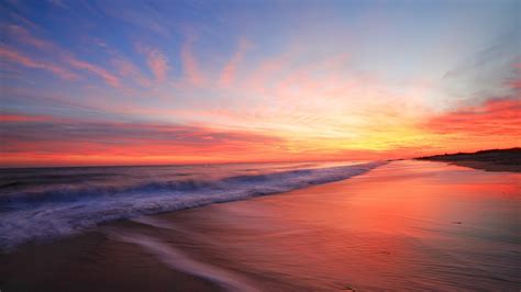 Beautiful Sunset View Ocean Waves Beach Under Blue Sky Hd Sunset