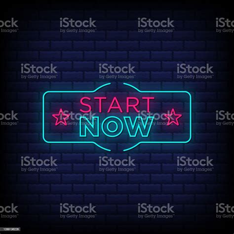 Start Now Neon Signs Style Text Design In Blue Bricks Background Stock